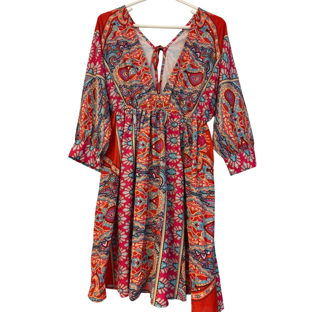 Max Apparel Don't Mention It Paisley Mini Dress Pink Orange Boho V-Neck Medium